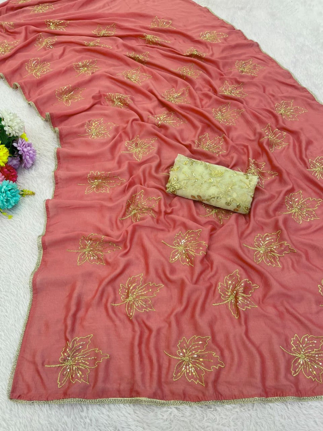Glamorous Peach Sequin Embellished Saree in Premium Vichitra Silk - Image 4