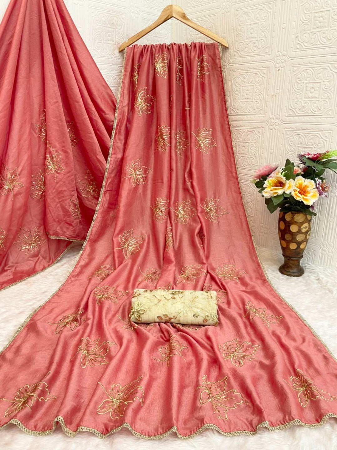 Glamorous Peach Sequin Embellished Saree in Premium Vichitra Silk - Image 7