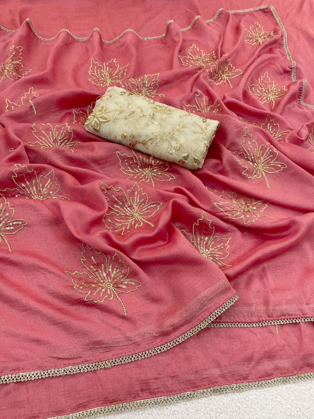 Glamorous Peach Sequin Embellished Saree in Premium Vichitra Silk - Image 2