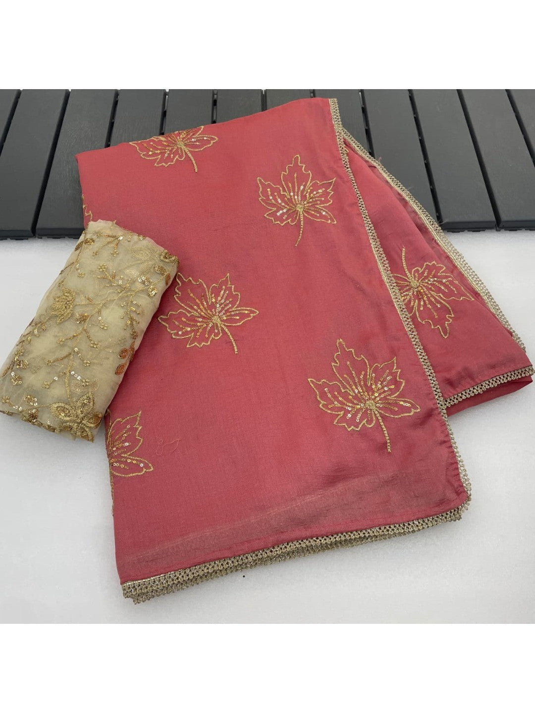 Glamorous Peach Sequin Embellished Saree in Premium Vichitra Silk - Image 6