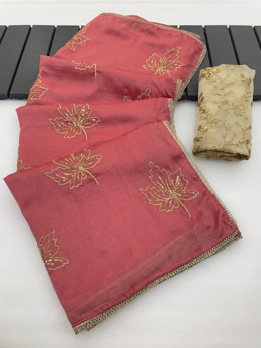 Glamorous Peach Sequin Embellished Saree in Premium Vichitra Silk - Image 5