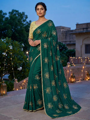 Glamorous Morpich Green Sequin Embellished Saree in Premium Vichitra Silk - Image 1