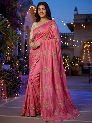 Glamorous Gajri PinkSequin Embellished Saree in Premium Vichitra Silk - Image 1