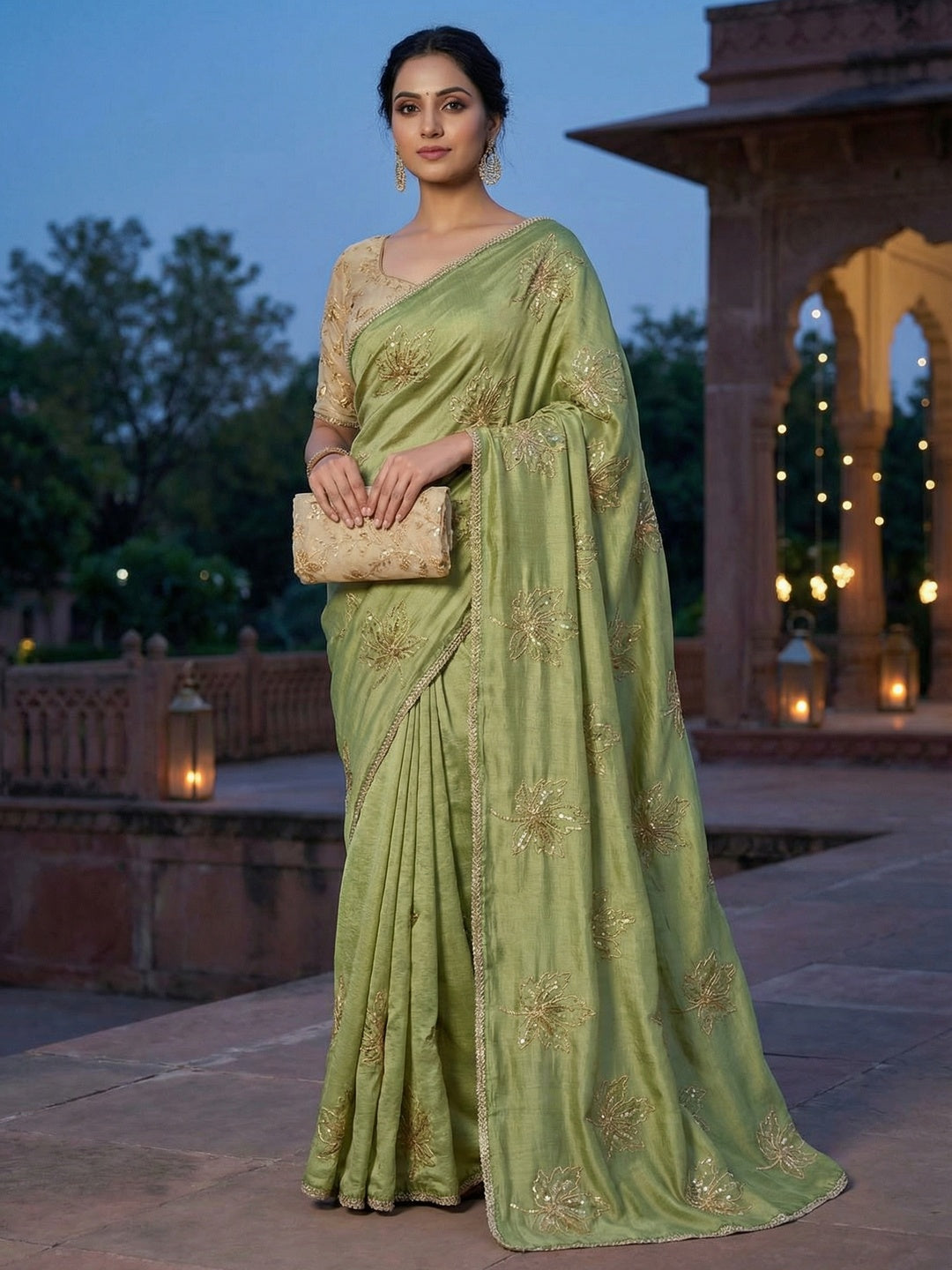 Glamorous Pista Green Sequin Embellished Saree in Premium Vichitra Silk - Image 1