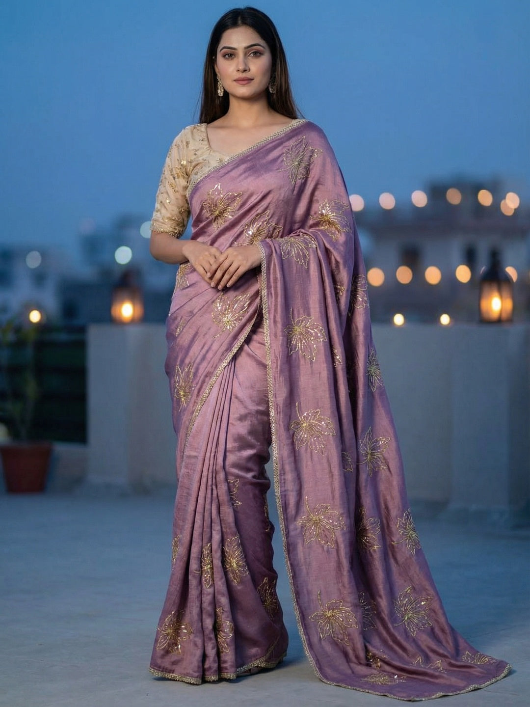Glamorous Mauve Sequin Embellished Saree in Premium Vichitra Silk - Image 1