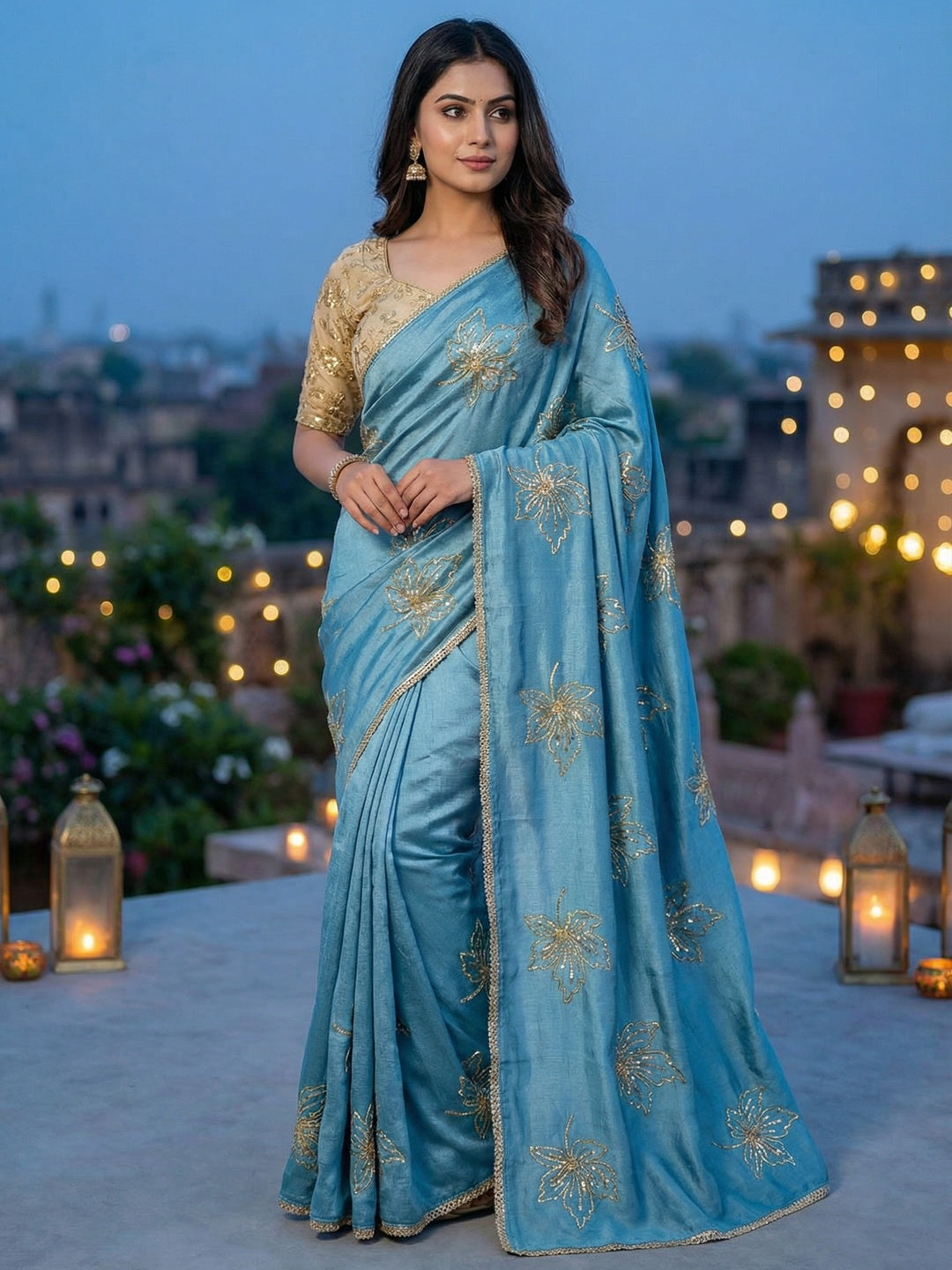 Glamorous Sky Blue Sequin Embellished Saree in Premium Vichitra Silk - Image 1