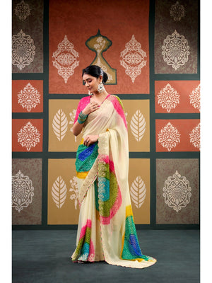 Elegant Cream Bandhani Printed Chiffon Saree with Embroidery Work - Image 1