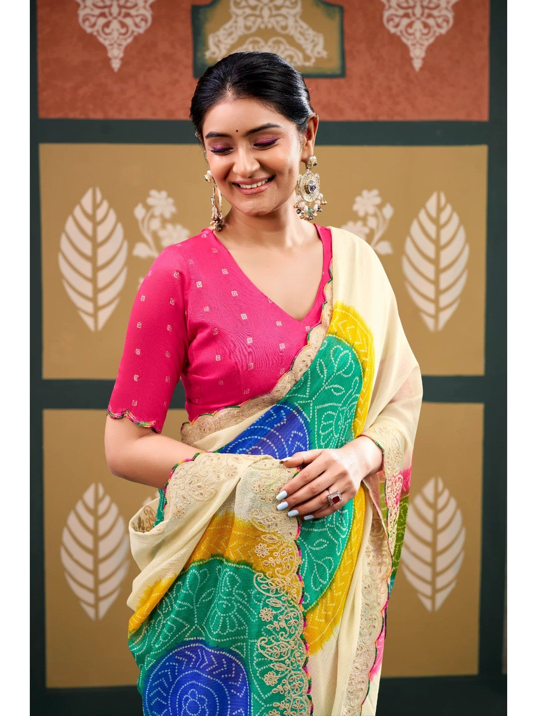 Elegant Cream Bandhani Printed Chiffon Saree with Embroidery Work - Image 2