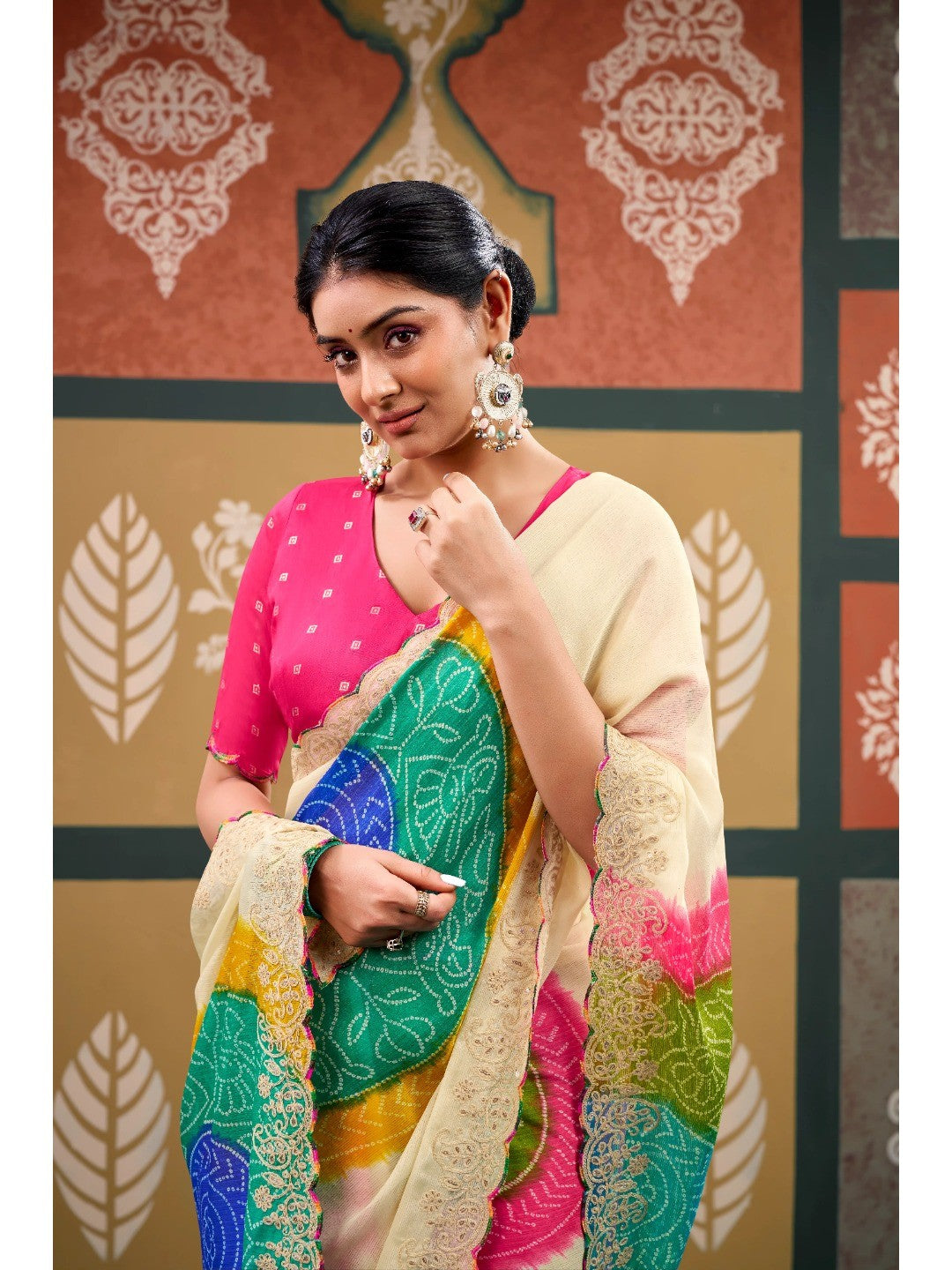 Elegant Cream Bandhani Printed Chiffon Saree with Embroidery Work - Image 3