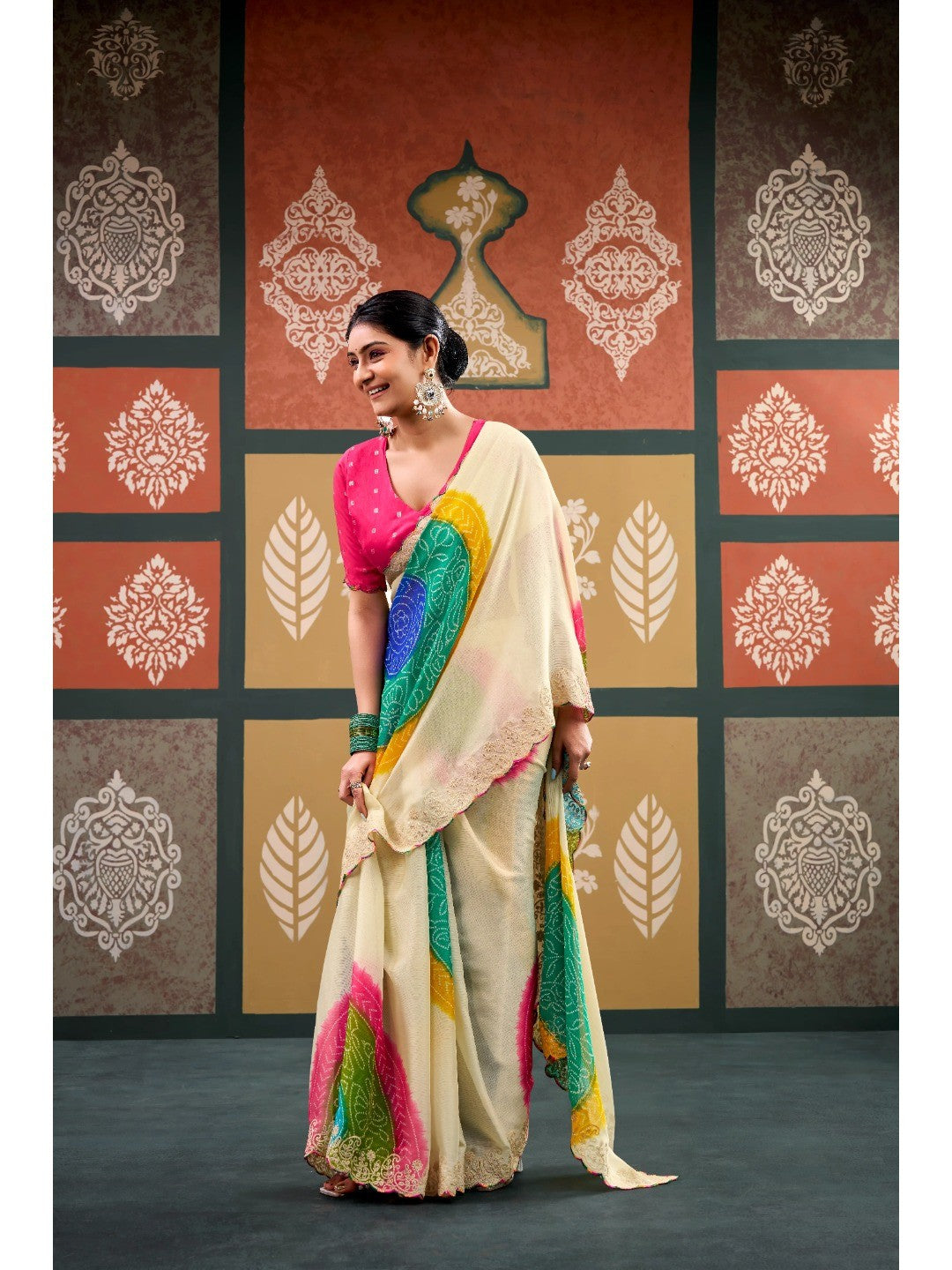Elegant Cream Bandhani Printed Chiffon Saree with Embroidery Work - Image 5