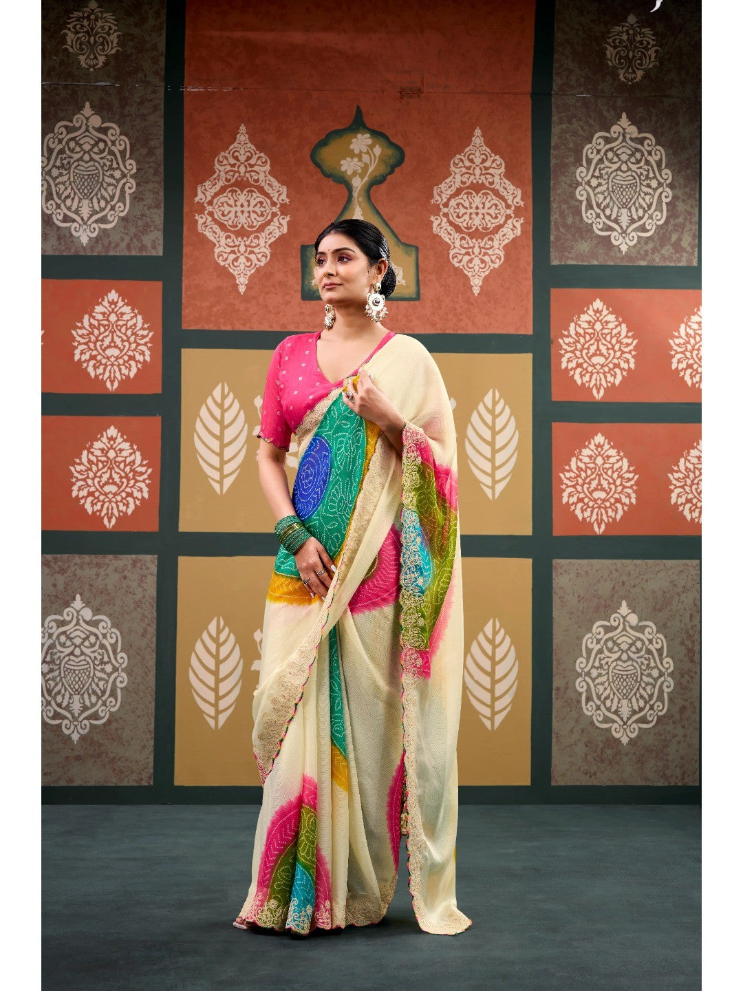 Elegant Cream Bandhani Printed Chiffon Saree with Embroidery Work - Image 4