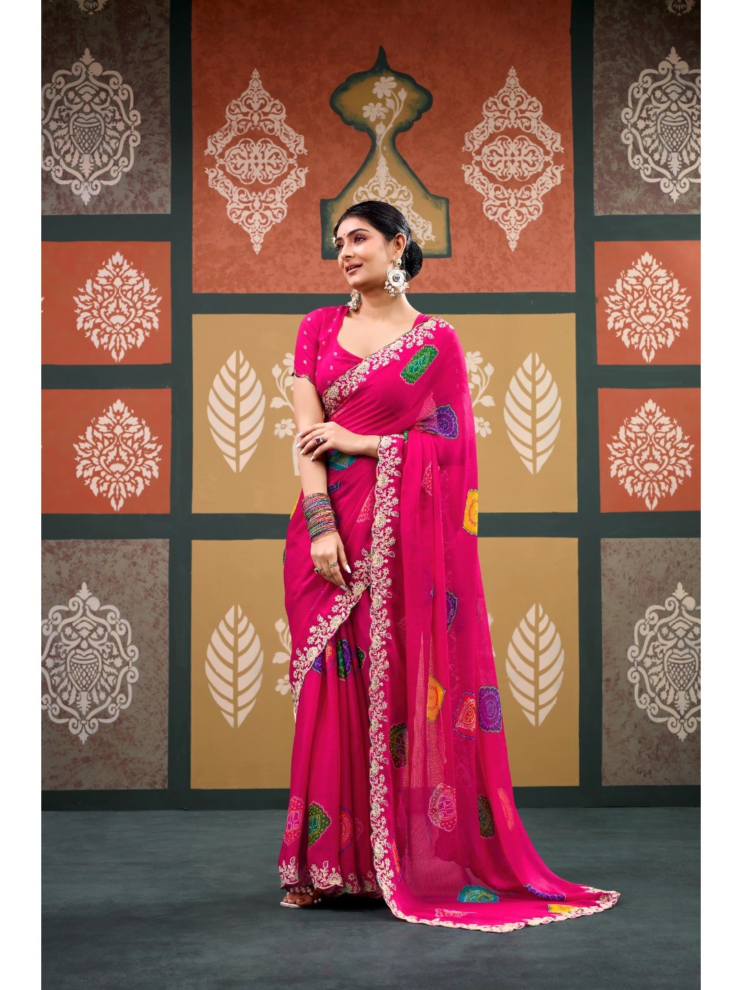 Elegant Pink Bandhani Printed Chiffon Saree with Embroidery Work - Image 1