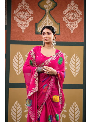 Elegant Pink Bandhani Printed Chiffon Saree with Embroidery Work - Image 2