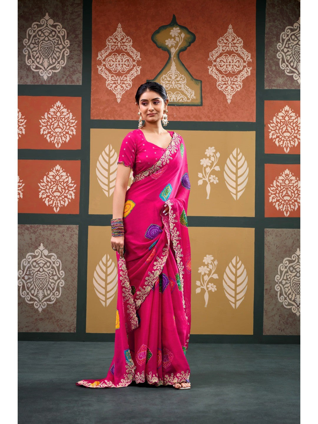 Elegant Pink Bandhani Printed Chiffon Saree with Embroidery Work - Image 3