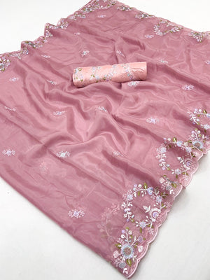 Graceful Pink Satin Saree Adorned With Floral Embroidery & Shimmering Sequins Work - Image 2