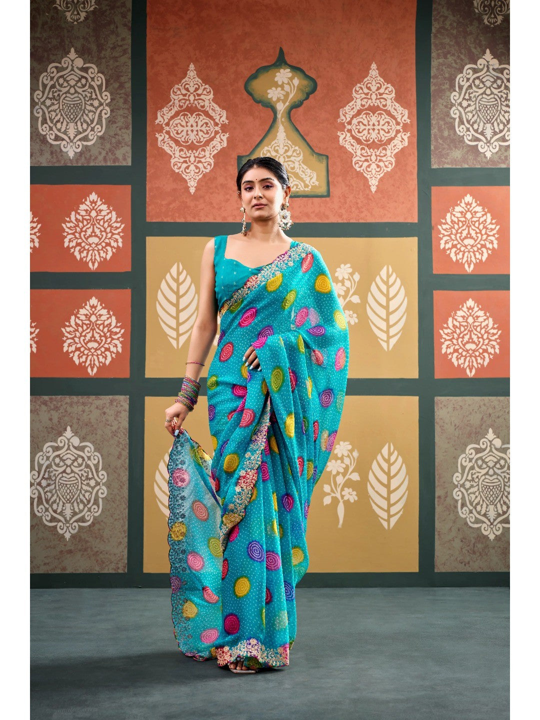 Elegant Turquoise Bandhani Printed Chiffon Saree with Embroidery Work - Image 1