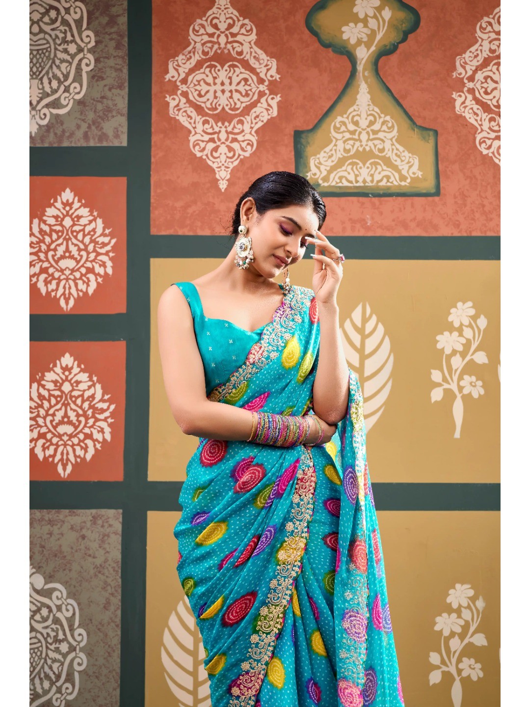 Elegant Turquoise Bandhani Printed Chiffon Saree with Embroidery Work - Image 2