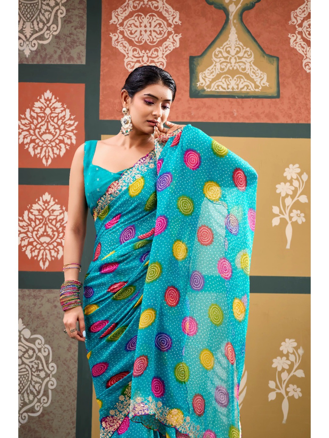 Elegant Turquoise Bandhani Printed Chiffon Saree with Embroidery Work - Image 3