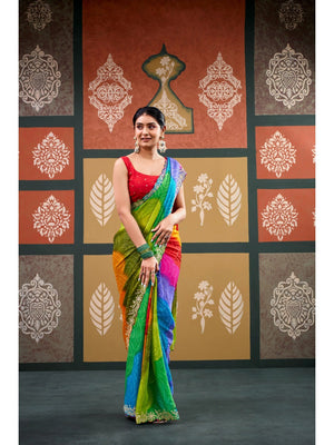 Elegant Multicolor Bandhani Printed Chiffon Saree with Embroidery Work - Image 1