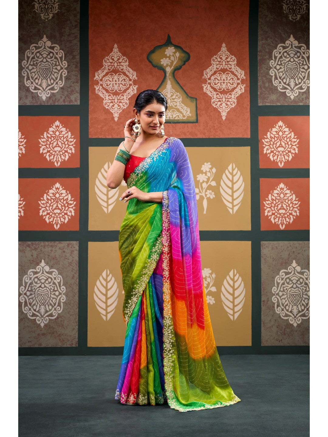 Elegant Multicolor Bandhani Printed Chiffon Saree with Embroidery Work - Image 2