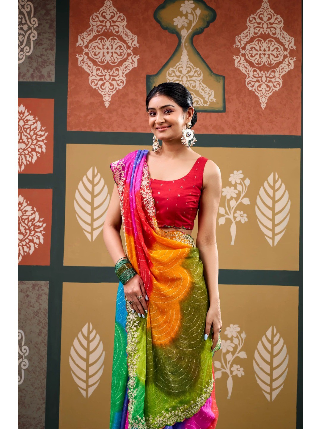 Elegant Multicolor Bandhani Printed Chiffon Saree with Embroidery Work - Image 3