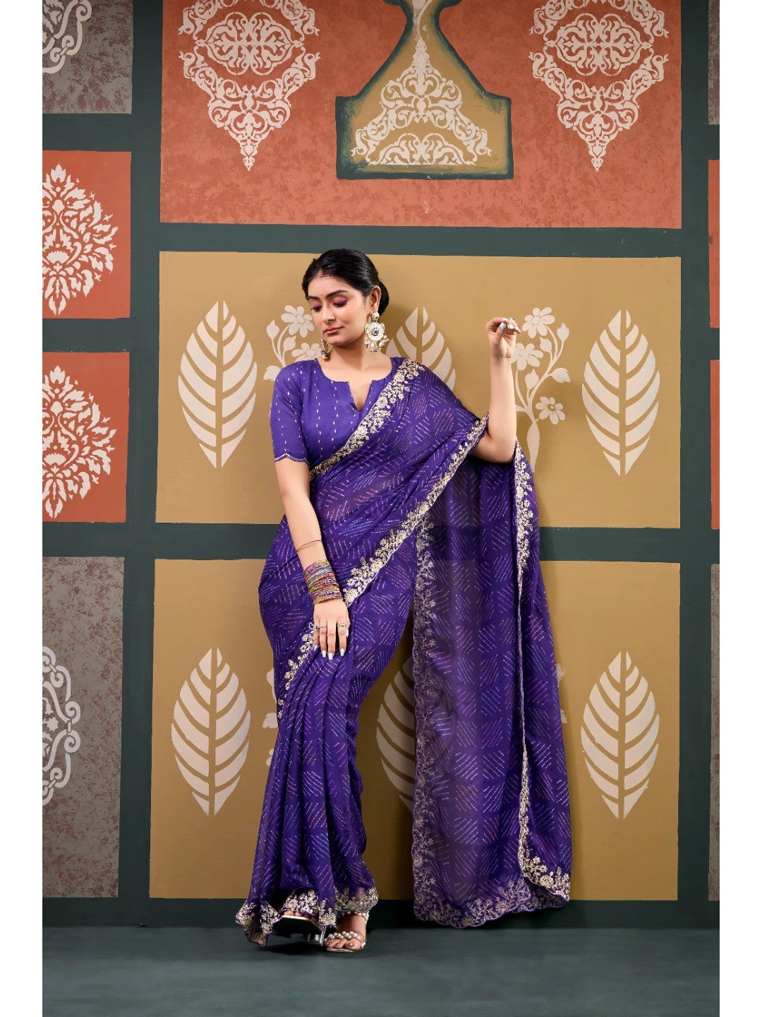 Elegant Purple Bandhani Printed Chiffon Saree with Embroidery Work - Image 4