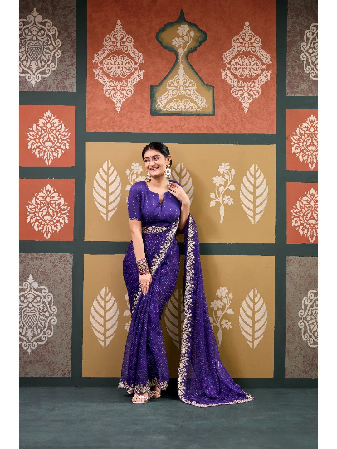 Elegant Purple Bandhani Printed Chiffon Saree with Embroidery Work - Image 3