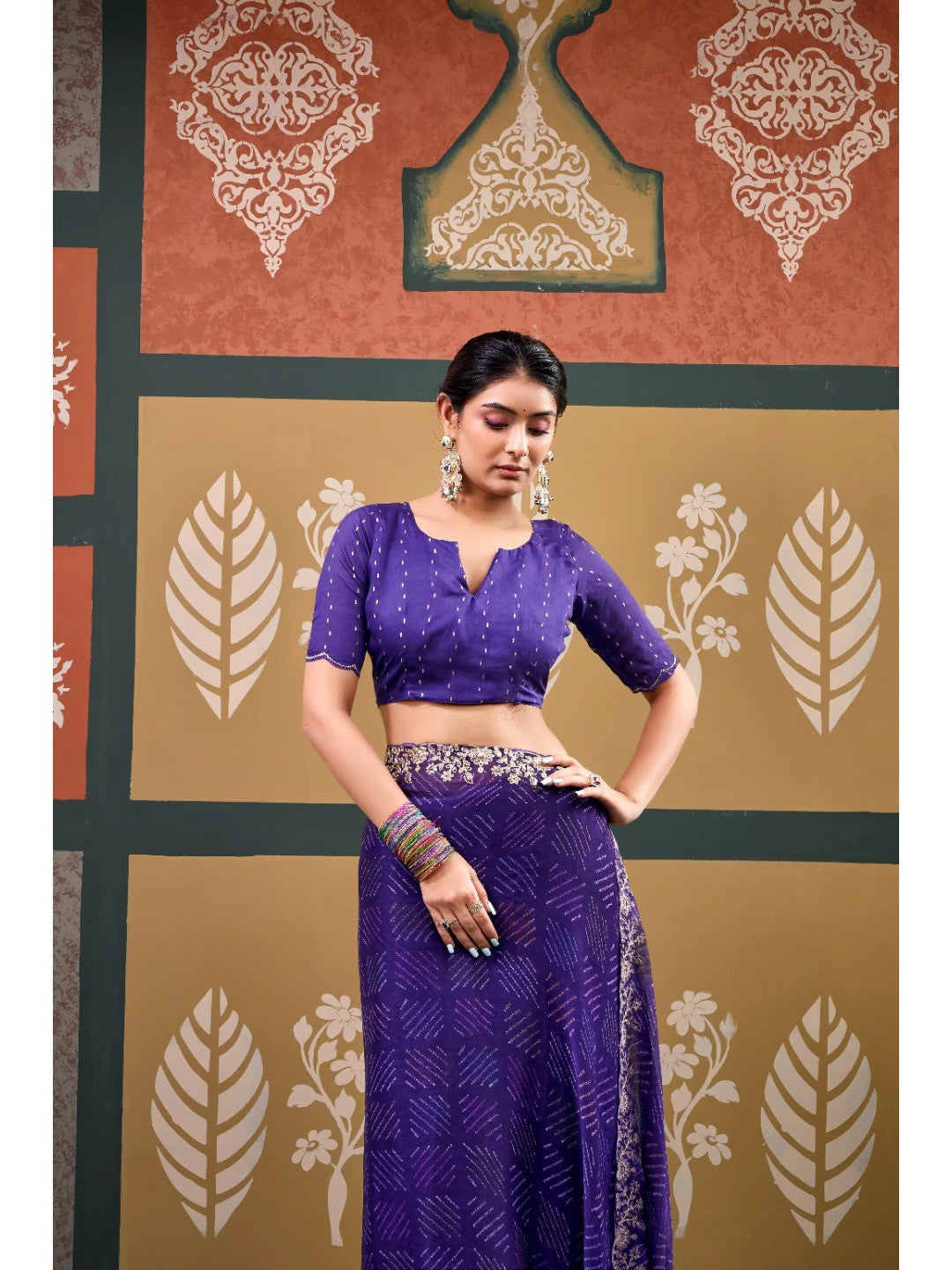 Elegant Purple Bandhani Printed Chiffon Saree with Embroidery Work - Image 4