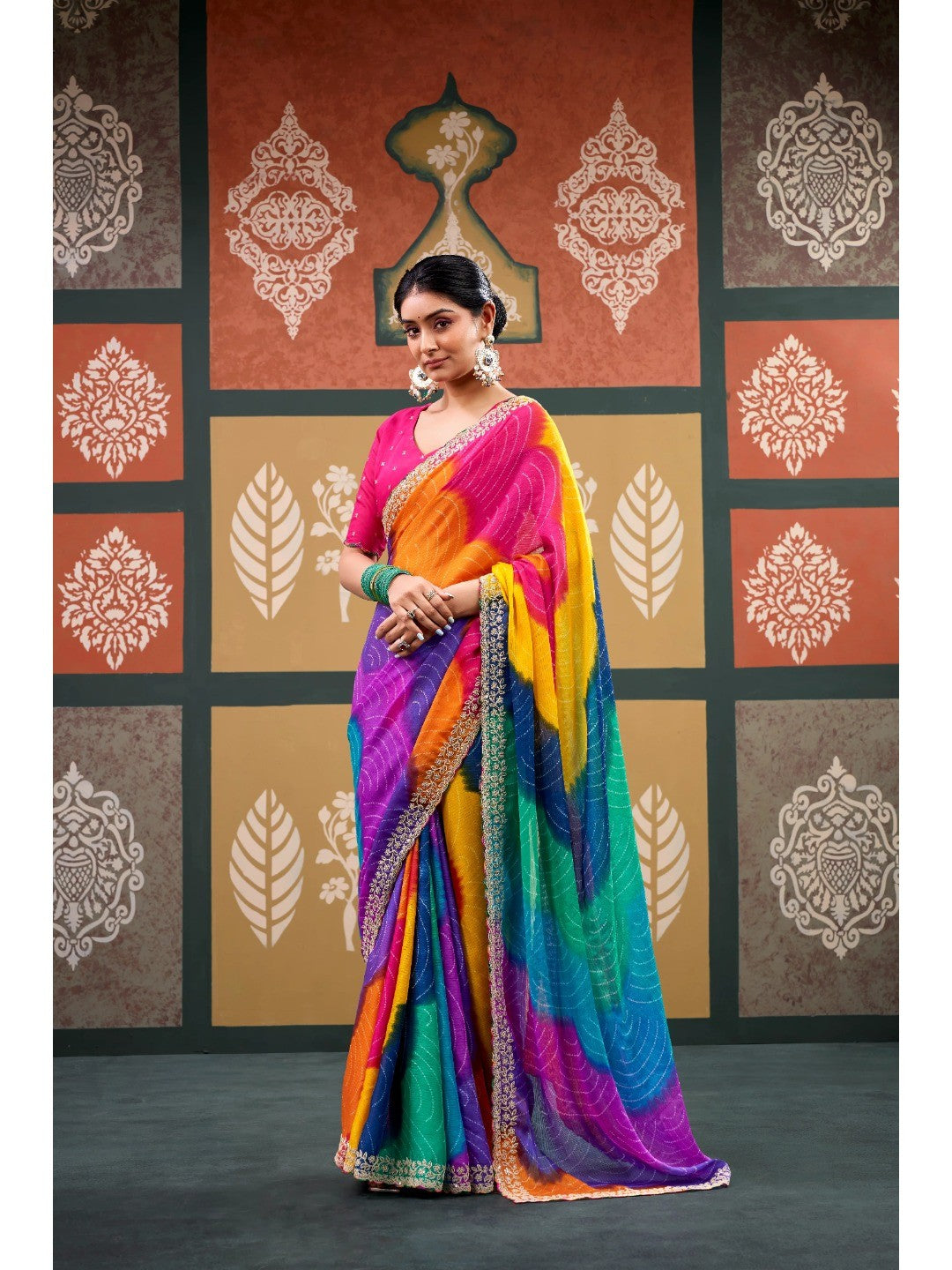 Elegant Multicolor Bandhani Printed Chiffon Saree with Beautiful Embroidery Work - Image 1