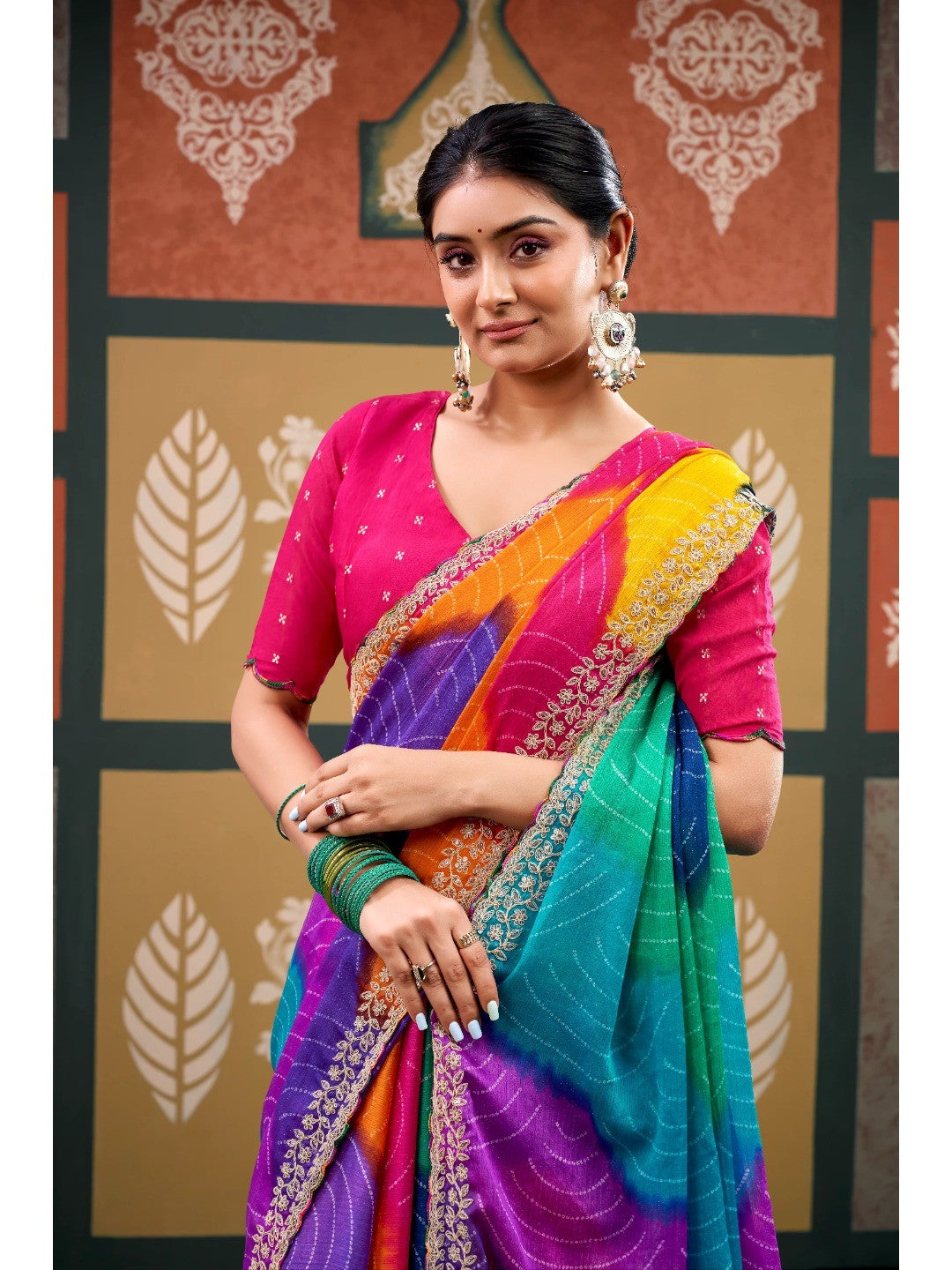 Elegant Multicolor Bandhani Printed Chiffon Saree with Beautiful Embroidery Work - Image 2