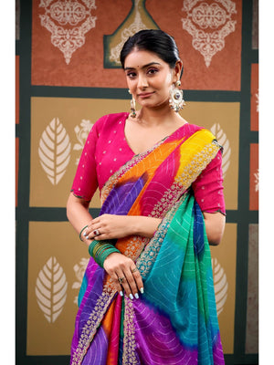 Elegant Multicolor Bandhani Printed Chiffon Saree with Beautiful Embroidery Work - Image 2