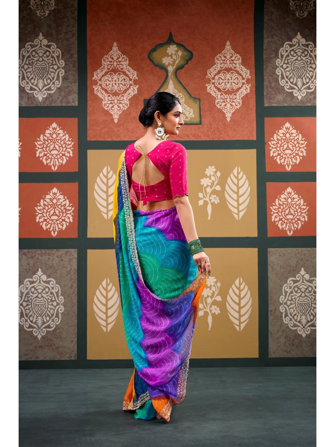 Elegant Multicolor Bandhani Printed Chiffon Saree with Beautiful Embroidery Work - Image 3