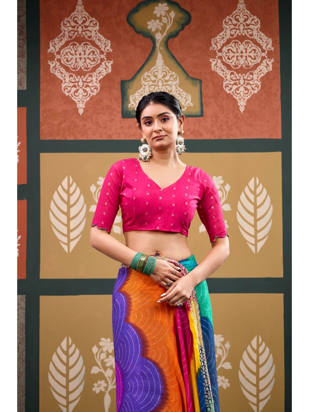 Elegant Multicolor Bandhani Printed Chiffon Saree with Beautiful Embroidery Work - Image 4