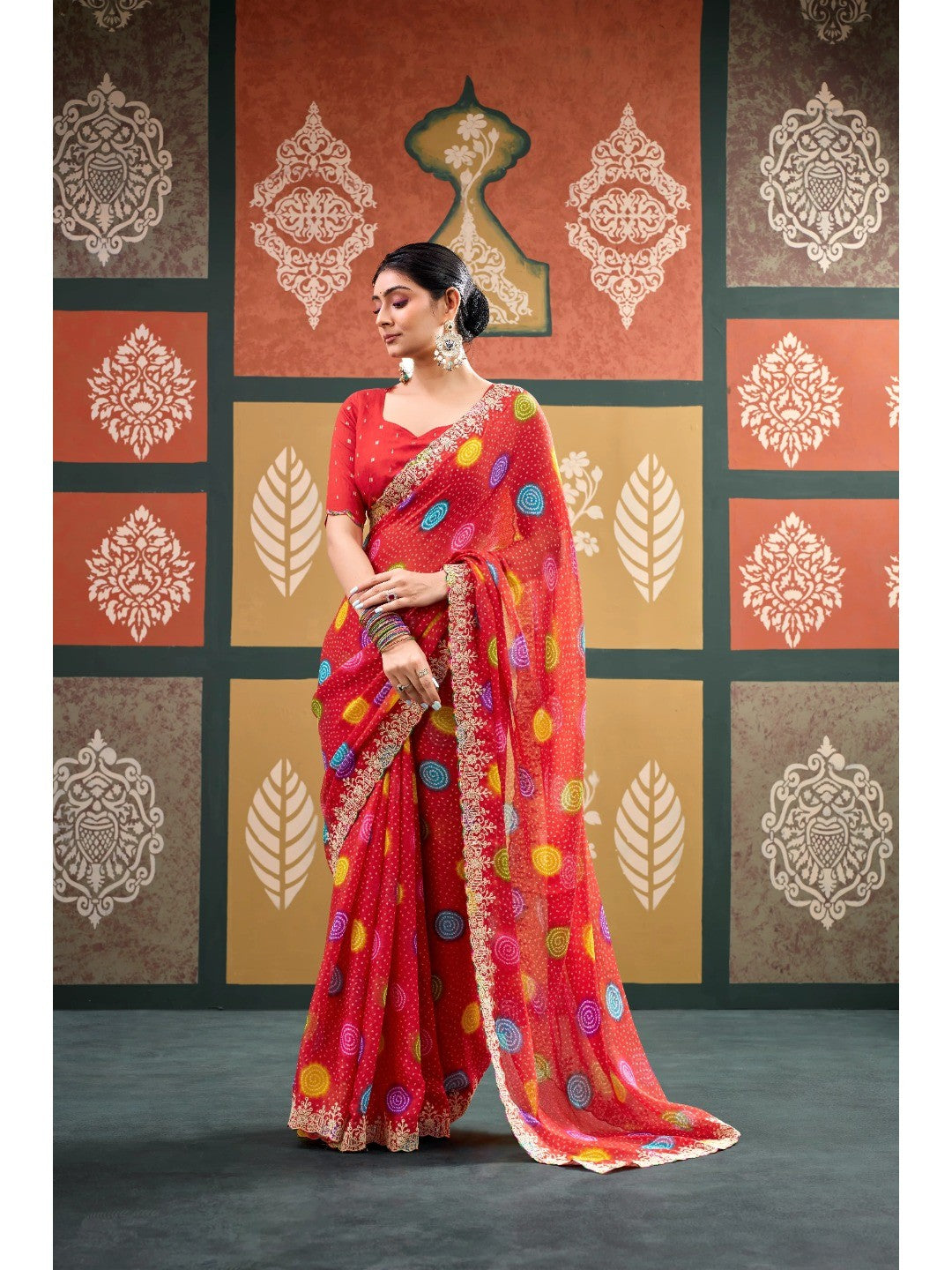 Elegant Red Bandhani Printed Chiffon Saree with Beautiful Embroidery Work - Image 4