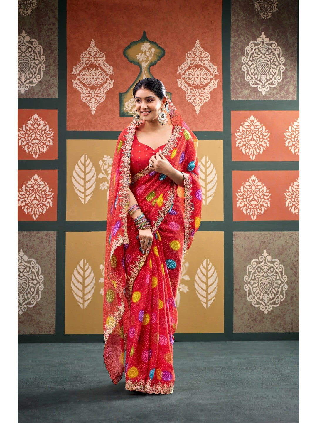 Elegant Red Bandhani Printed Chiffon Saree with Beautiful Embroidery Work - Image 1