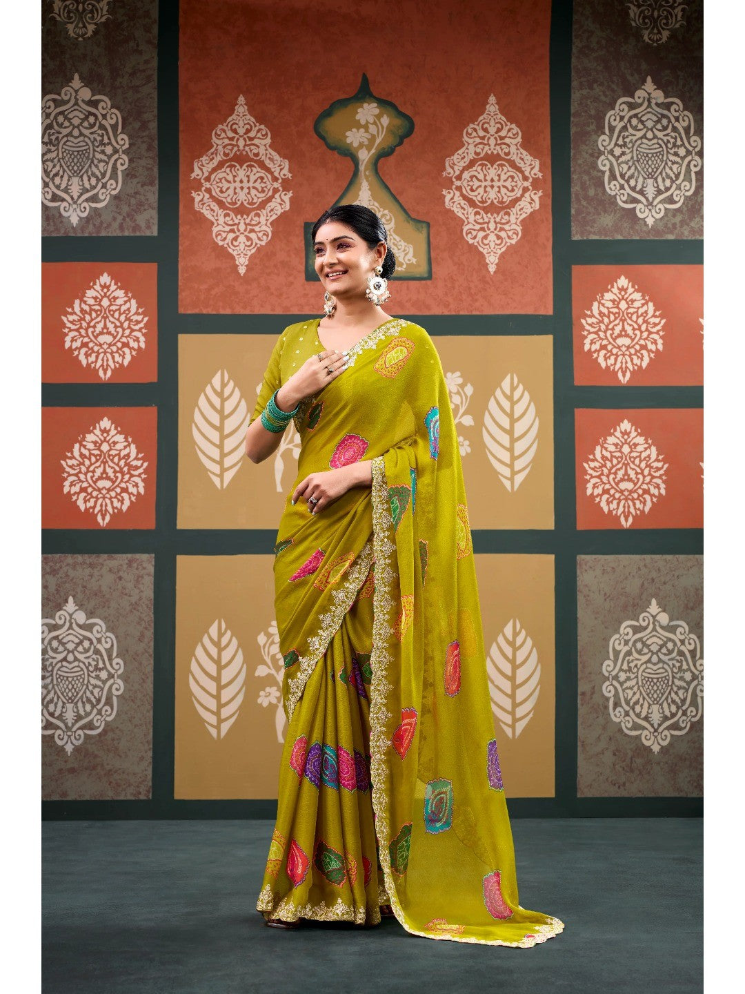 Elegant Olive Bandhani Printed Chiffon Saree with Beautiful Embroidery Work - Image 1