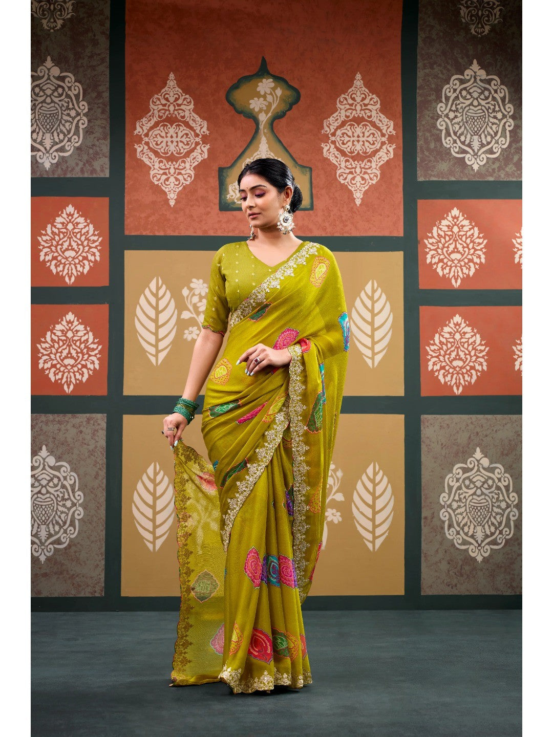 Elegant Olive Bandhani Printed Chiffon Saree with Beautiful Embroidery Work - Image 2