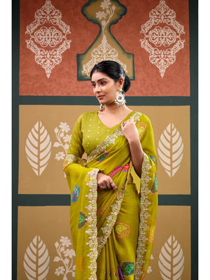 Elegant Olive Bandhani Printed Chiffon Saree with Beautiful Embroidery Work - Image 2
