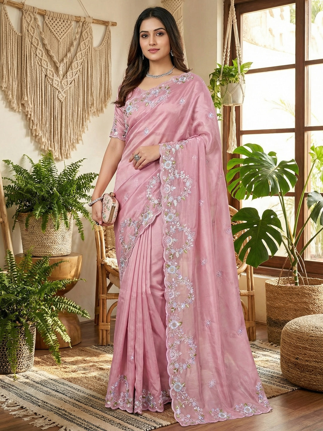 Graceful Pink Satin Saree Adorned With Floral Embroidery & Shimmering Sequins Work - Image 1
