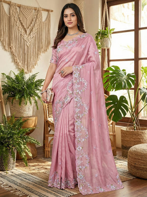 Graceful Pink Satin Saree Adorned With Floral Embroidery & Shimmering Sequins Work - Image 1