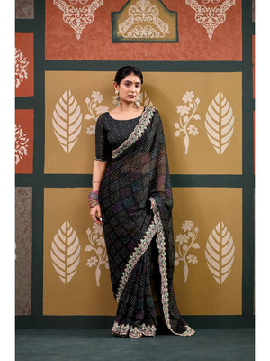 Elegant Black Bandhani Printed Chiffon Saree with Beautiful Embroidery Work - Image 1