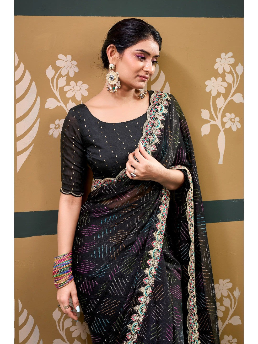 Elegant Black Bandhani Printed Chiffon Saree with Beautiful Embroidery Work - Image 4