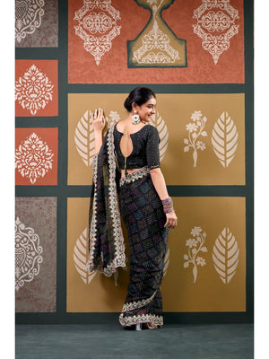 Elegant Black Bandhani Printed Chiffon Saree with Beautiful Embroidery Work - Image 2