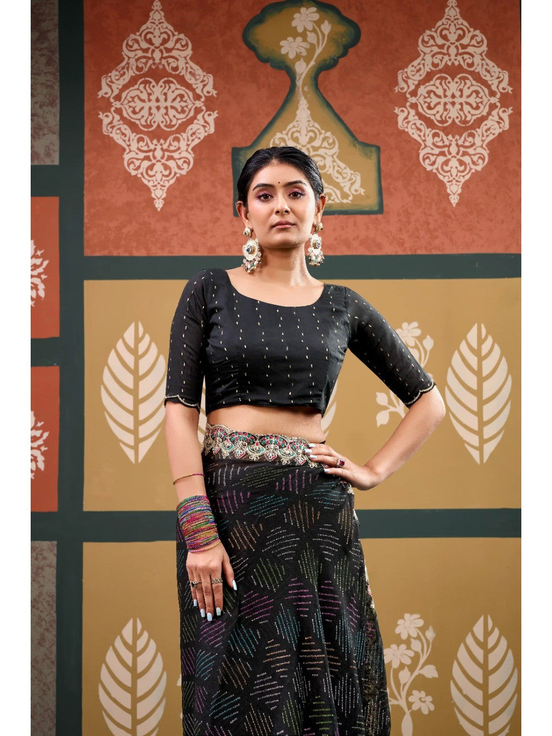 Elegant Black Bandhani Printed Chiffon Saree with Beautiful Embroidery Work - Image 3