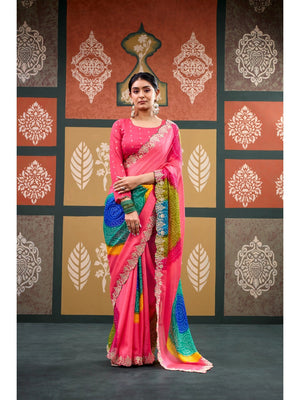 Elegant Baby Pink Bandhani Printed Chiffon Saree with Beautiful Embroidery Work - Image 1
