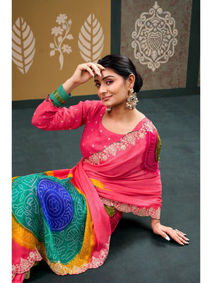 Elegant Baby Pink Bandhani Printed Chiffon Saree with Beautiful Embroidery Work - Image 2
