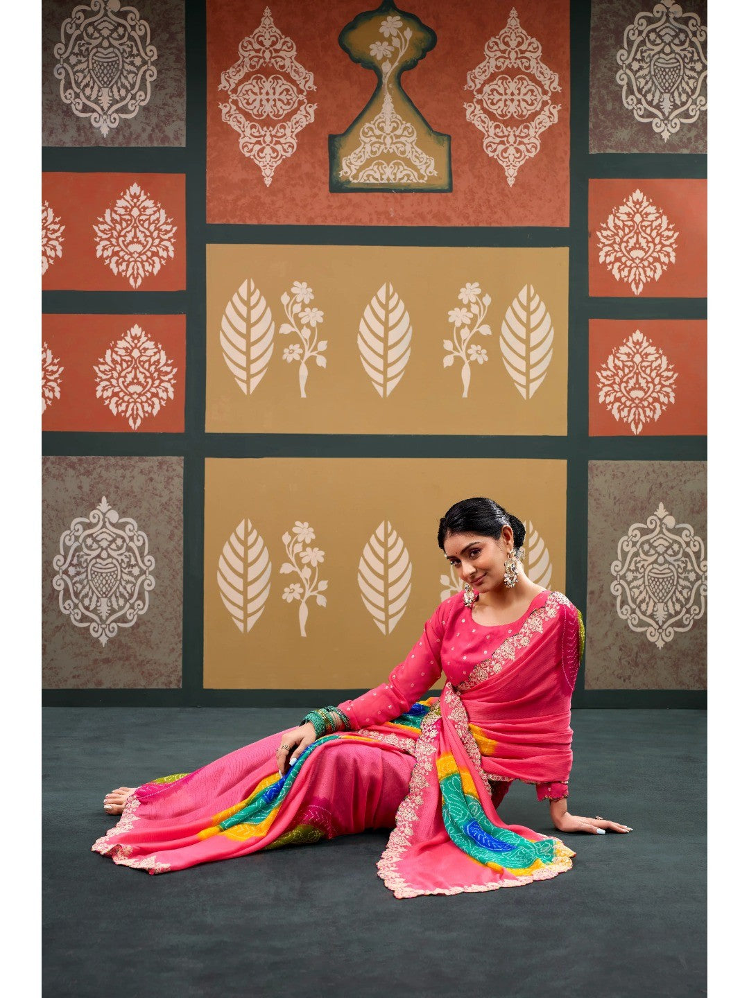 Elegant Baby Pink Bandhani Printed Chiffon Saree with Beautiful Embroidery Work - Image 4