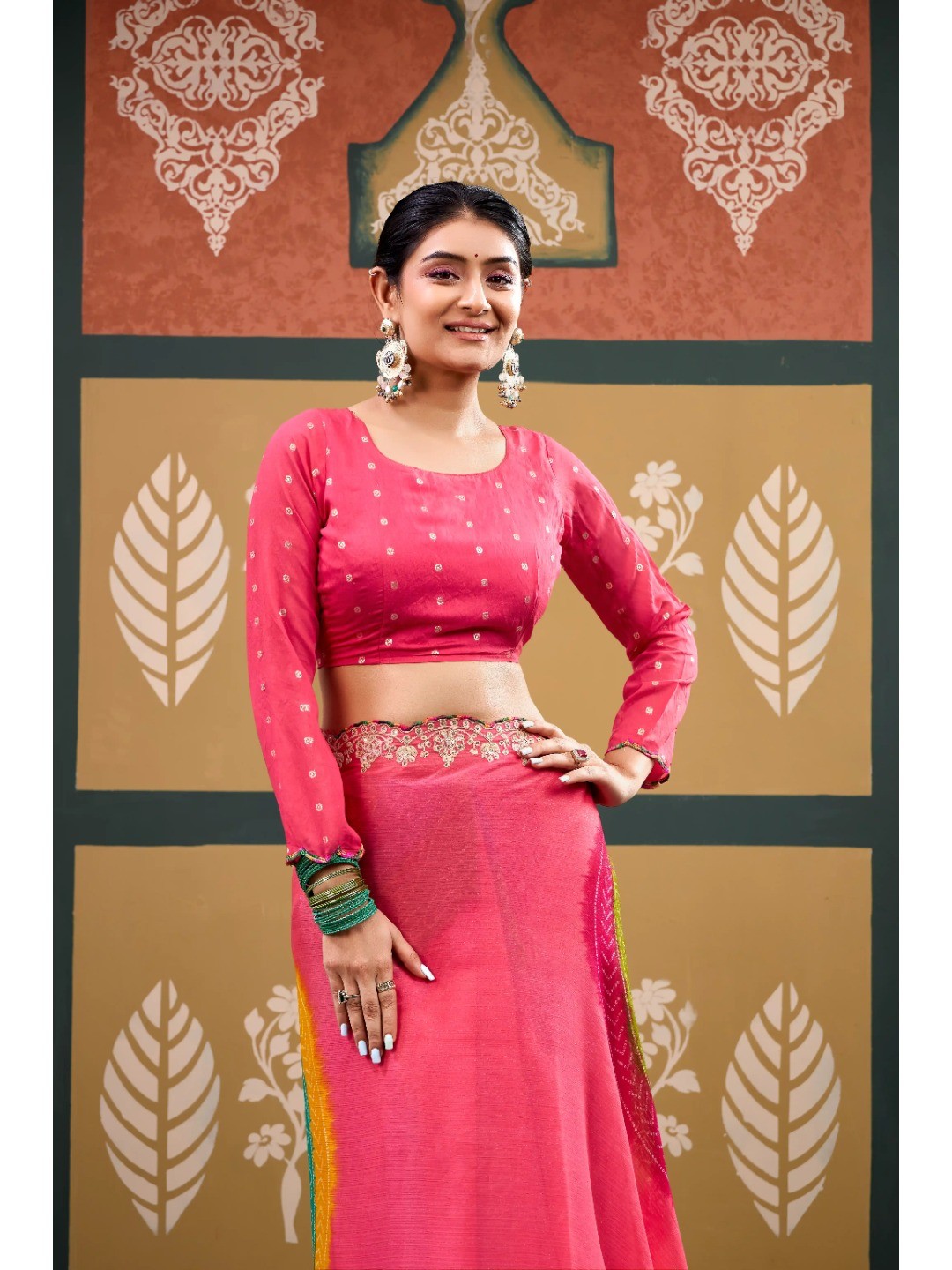 Elegant Baby Pink Bandhani Printed Chiffon Saree with Beautiful Embroidery Work - Image 3