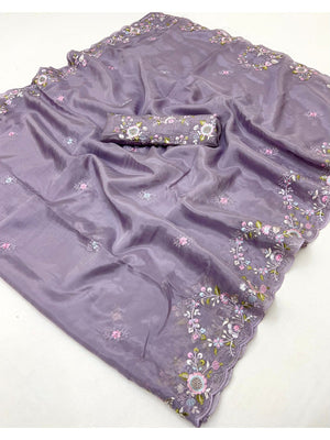 Graceful Lavender Satin Saree Adorned With Floral Embroidery & Shimmering Sequins Work - Image 2
