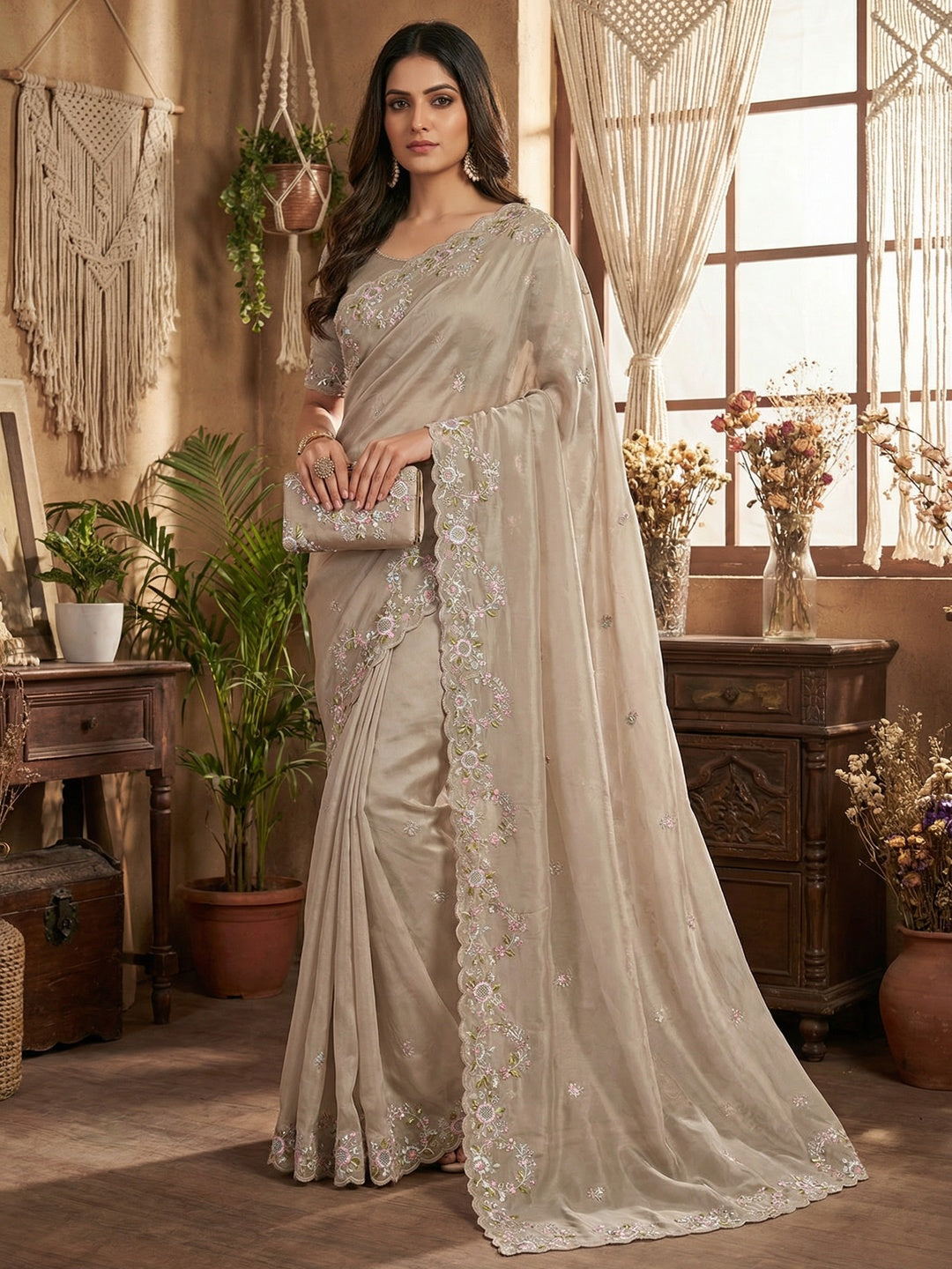 Graceful Chikoo Satin Saree Adorned With Floral Embroidery & Shimmering Sequins Work - Image 1